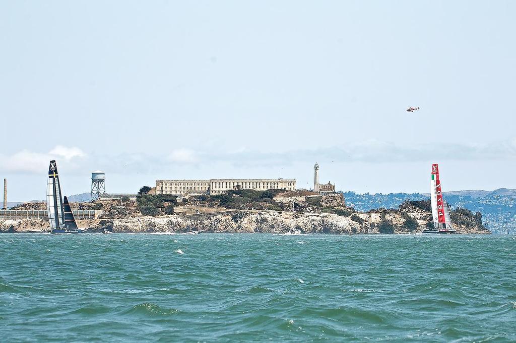 A length of Alcatraz is all that separates - Louis Vuitton Cup, Semi-Final 3, August 10, 2013 © Chuck Lantz http://www.ChuckLantz.com